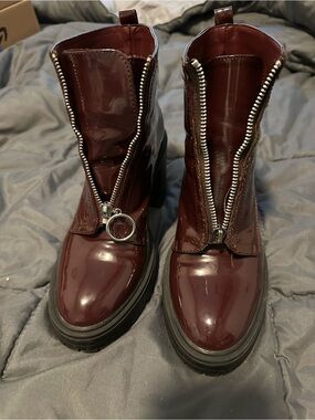 Forever 21 Burgundy Patent Combat Boots with Silver Zippers